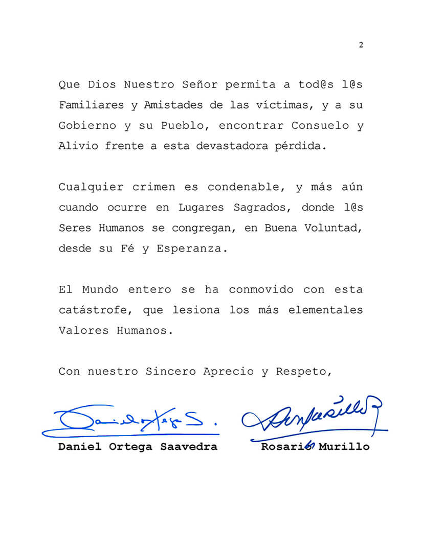 Nicaragua condena atentado terrorista en Nueva Zelanda